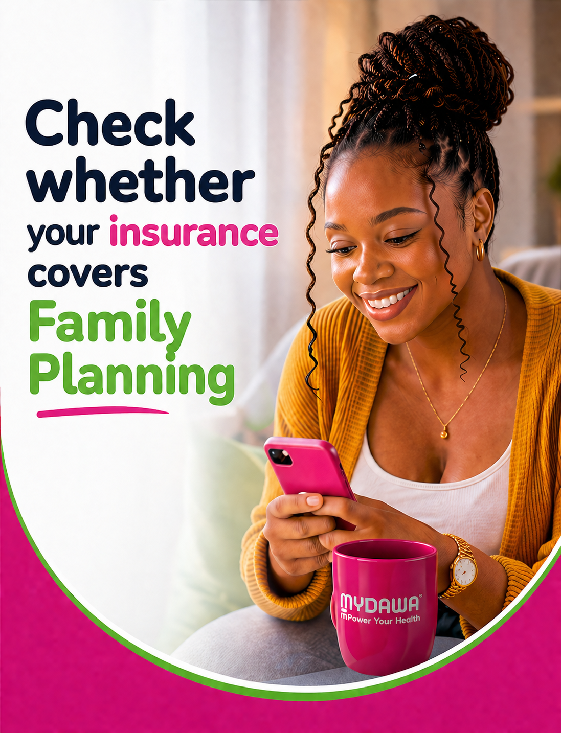 Check whether your insurance covers family planning — smiling woman using her phone